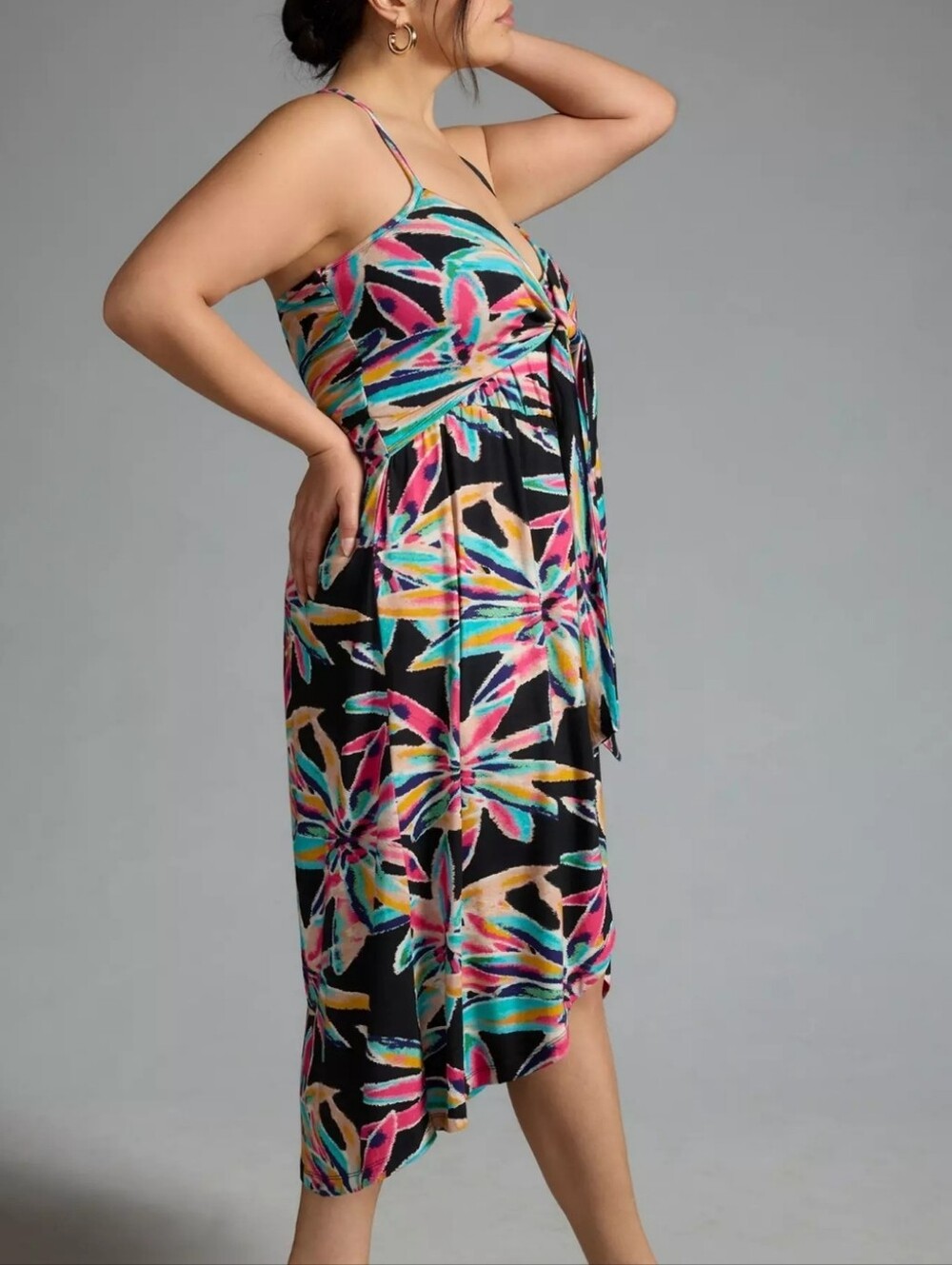 By Anthropologie Multicolor Black Pink Floral Twist-Front Cover-Up Dress Medium - Picture 7 of 14